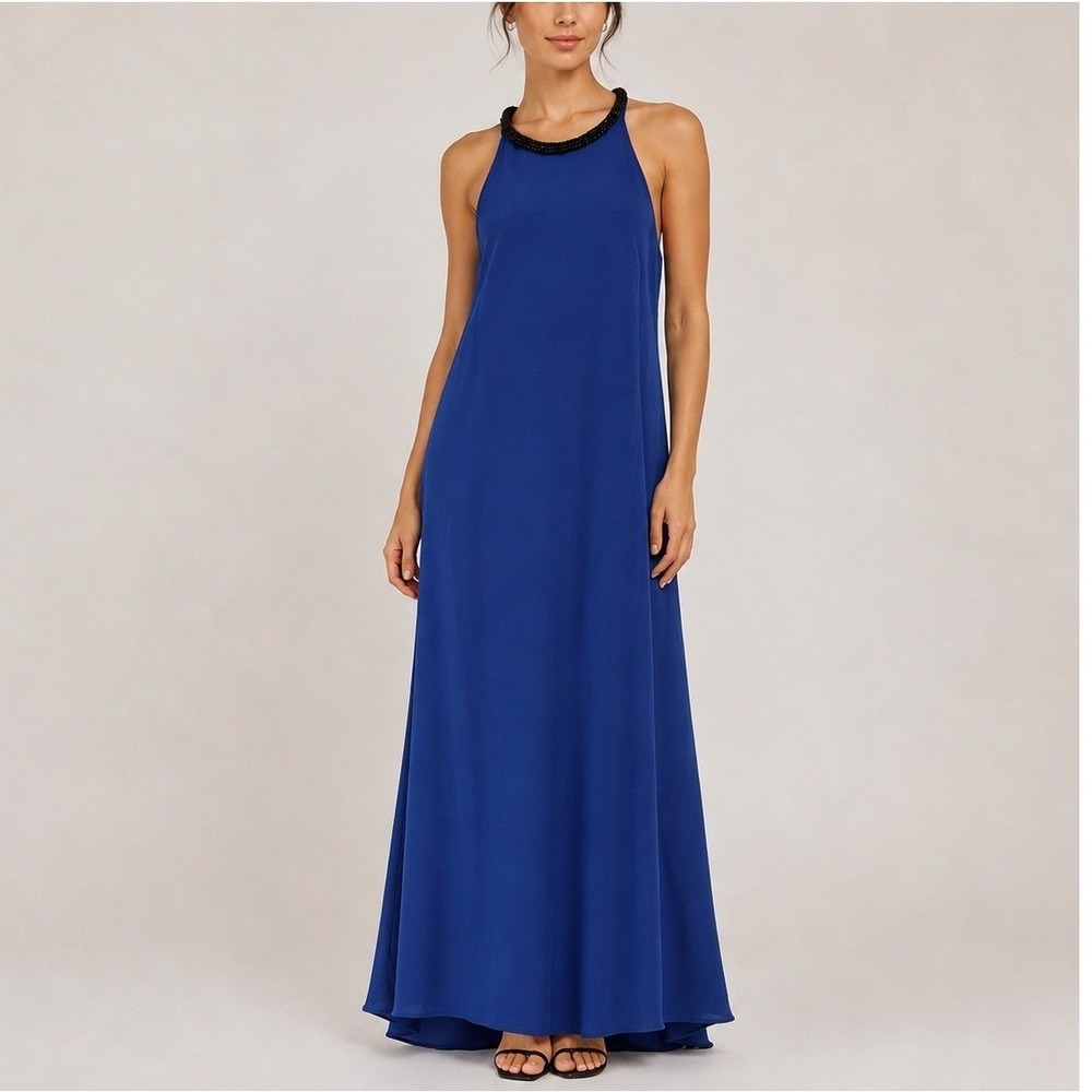 Calvin Klein Embellished Halter Neck Crepe Gown 16 Blue Maxi Dress Formal